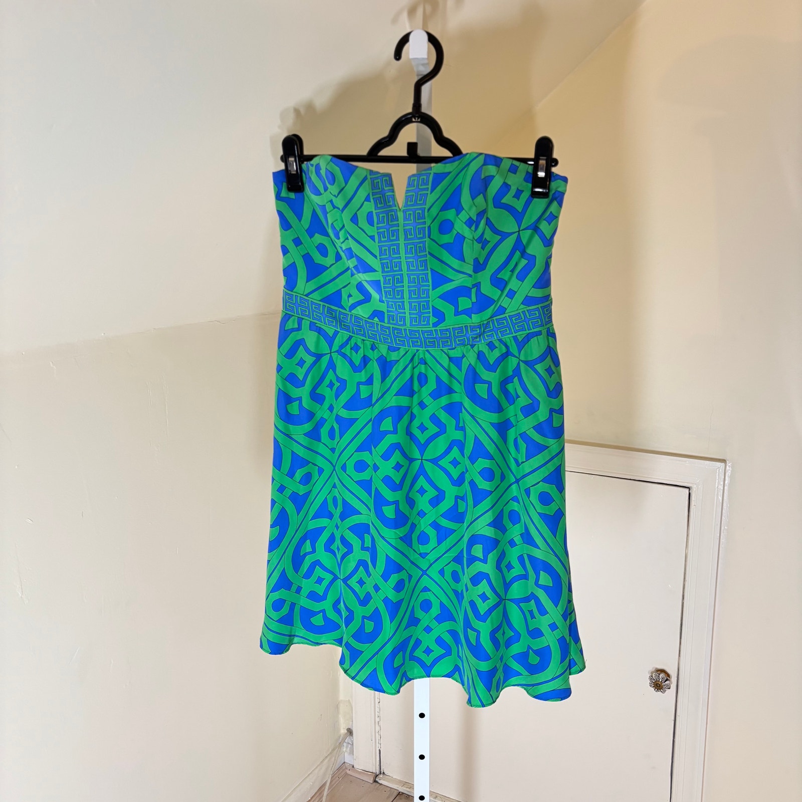 Alice & Trixie Euc Women's Green Blue Silk Strapless Geo Print Dress Size M